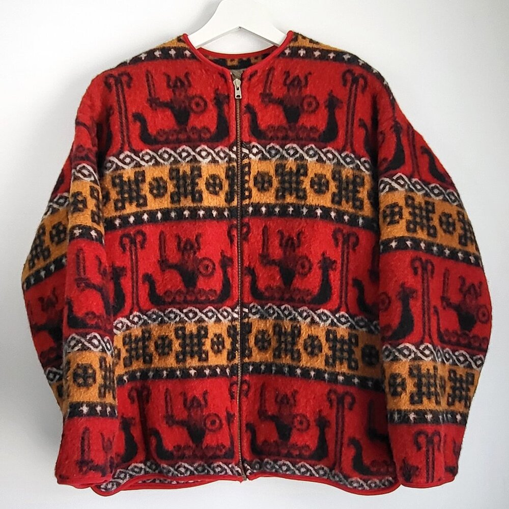 Vintage Nordic Wool Zip Jacket | Scandinavian Folk Pattern Coat I L